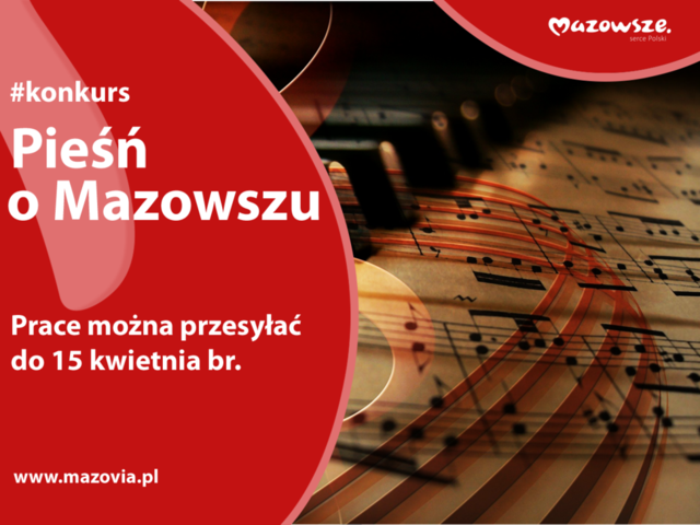 Grafika z czerwonymi półkolami oraz zdjęciem karki z nutami.
