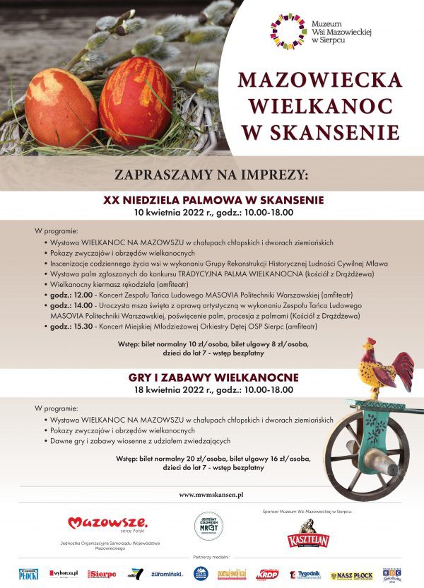 Plakat zapraszający na wydarzenie organizowane przez Muzeum Wsi Mazowieckiej w Sierpcu. Motyw artystyczny: pisani i kogut.