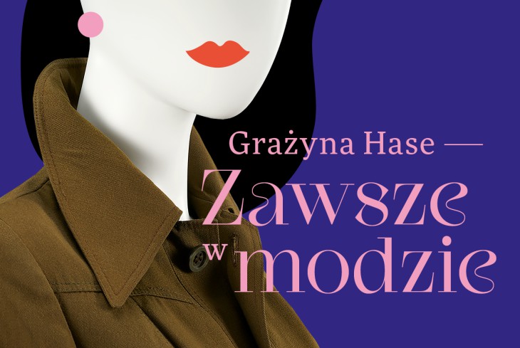 Rysunek twarzy kobiety z uwidocznionymi ustami. Kobieta z czarnymi włosami i ubrana w brązową bluzkę. Napis: Grażyna Hase. zawsze w modzie.
