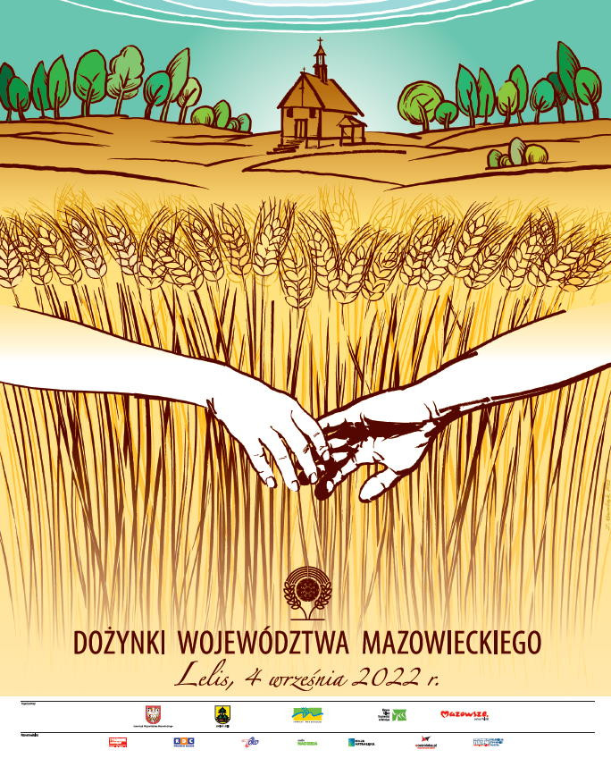 Złączone ręce na tle łanów zbóż i kościoła.