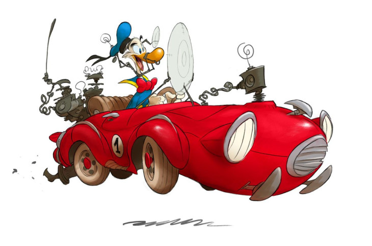 Kaczor Donald w czerwonym aucie.