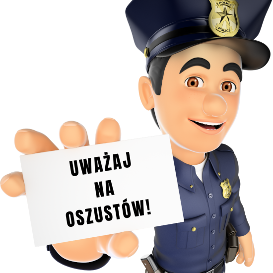 Grafika przedstawiająca policjanta, który trzyma w ręku kartkę z napisem: Uważaj na oszustów.