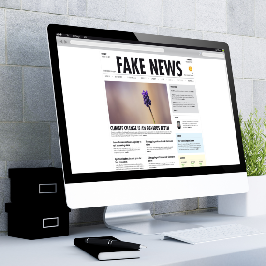 Monitor komputera, a na nim wyświetlona strona internetowa z dużym napisem u góry: Fake news.