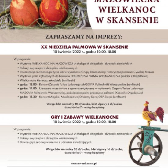 Plakat zapraszający na wydarzenie organizowane przez Muzeum Wsi Mazowieckiej w Sierpcu. Motyw artystyczny: pisani i kogut.