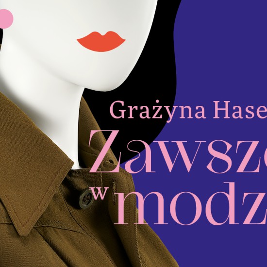 Rysunek twarzy kobiety z uwidocznionymi ustami. Kobieta z czarnymi włosami i ubrana w brązową bluzkę. Napis: Grażyna Hase. zawsze w modzie.