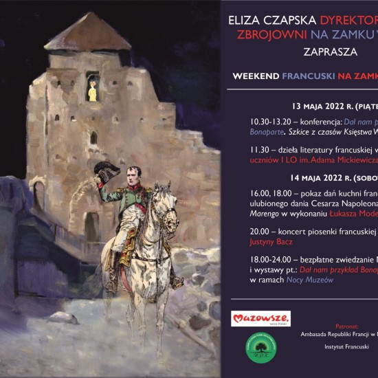 Plakat zapraszający na Noc Muzeów w Zamku w Liwie. Napoleon na tle ściany zamku