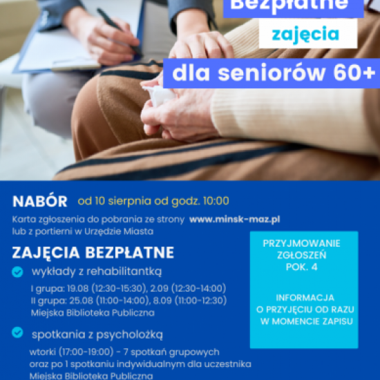 Plakat zapraszający na warsztaty z psycholożką i rehabilitantką w Mińsku Mazowieckim