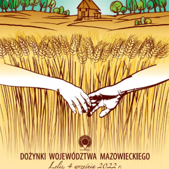 Złączone ręce na tle łanów zbóż i kościoła.