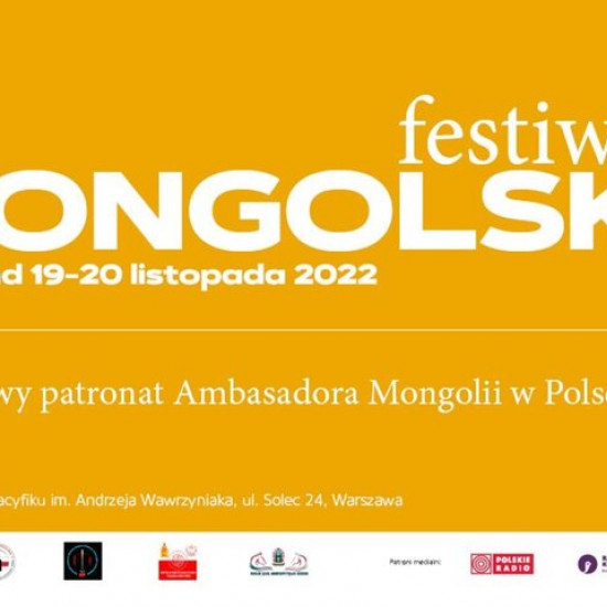 Na pomarańczowym tle informacje o festiwalu mongolskim.